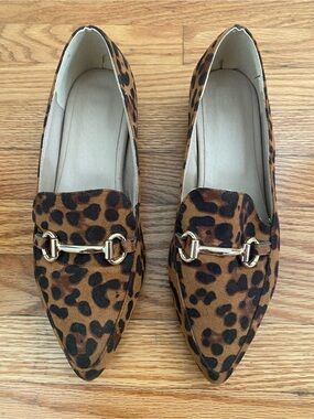 Leopard Print Pointed Toe Loafers with Gold Bit Hardware
